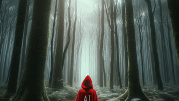 photo realist image of a young lady with a red hoody alone with the hood on her head, inspired "petit chaperon rouge". She is and look lost. we see her very small at the bottom of a tree in this forest. she is the only character in the scene. the scene is a wide angle shot, with the lady far from the camera. the 2 letters AI are visible on her hoody. we see her form feet to head, small in the middle of the forest. She is lost in a wild gloomy forest. she looks small at the bottom of larges worrying trees. there is some sparse optimist tiny ray of lights coming from the canopy above.