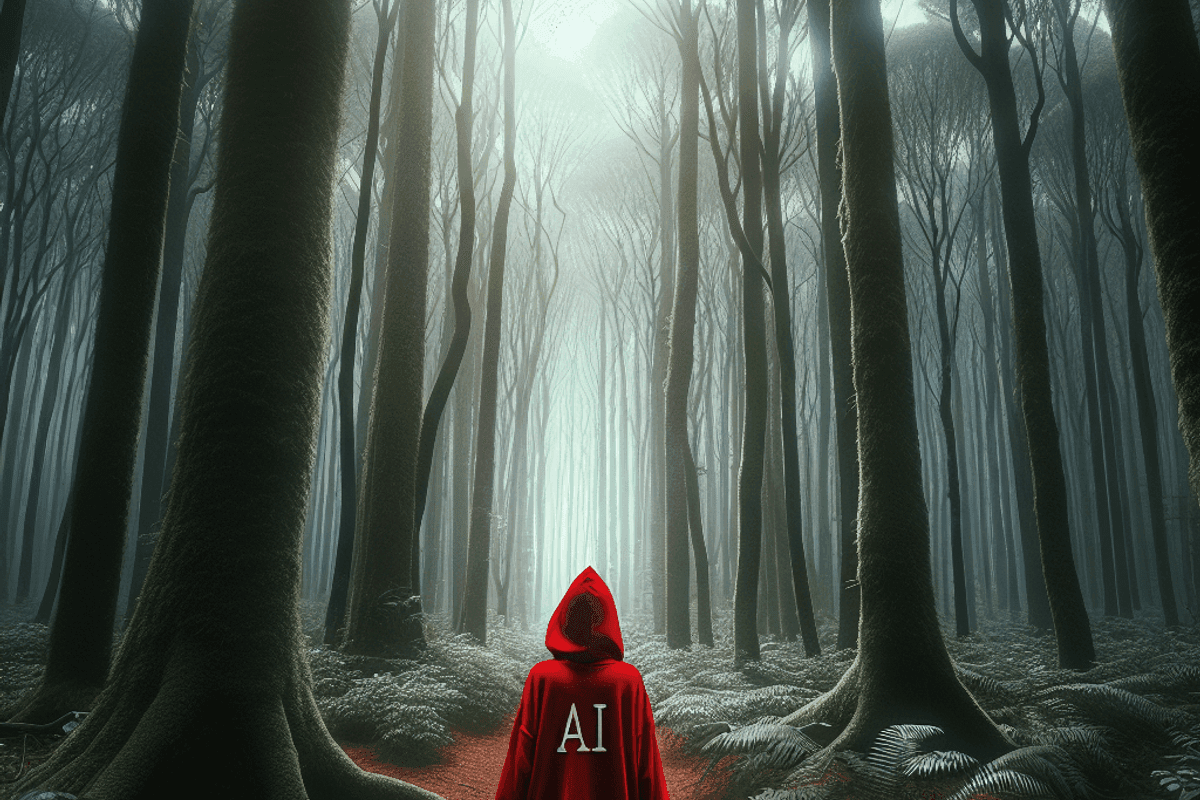 photo realist image of a young lady with a red hoody alone with the hood on her head, inspired "petit chaperon rouge". She is and look lost. we see her very small at the bottom of a tree in this forest. she is the only character in the scene. the scene is a wide angle shot, with the lady far from the camera. the 2 letters AI are visible on her hoody. we see her form feet to head, small in the middle of the forest. She is lost in a wild gloomy forest. she looks small at the bottom of larges worrying trees. there is some sparse optimist tiny ray of lights coming from the canopy above.