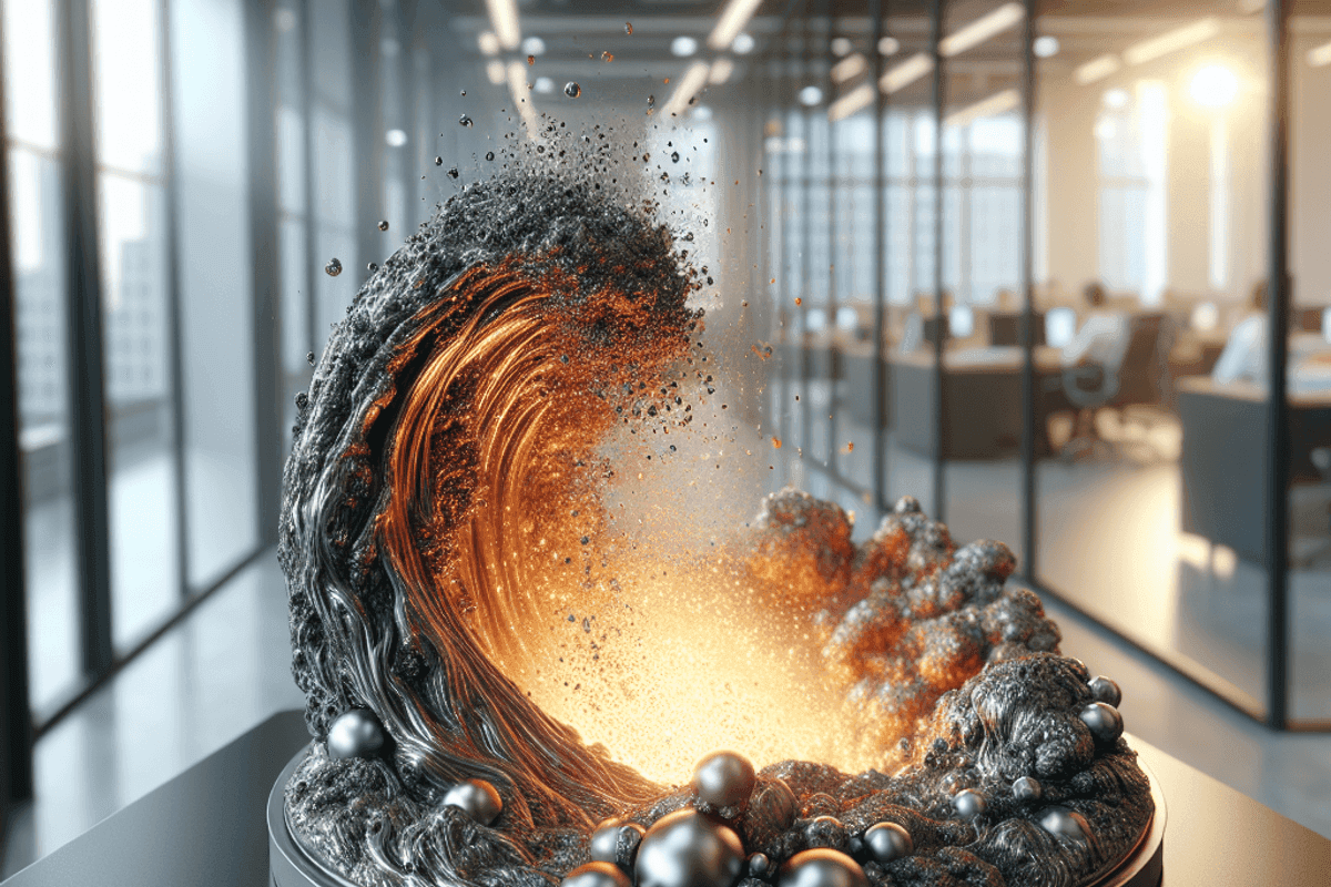 une image photo réaliste de la fusion du métal en close-up. fond flouté hors focus d'un bureau au grandes fenetre très lumineuses. la scene est lumineuse, close-up