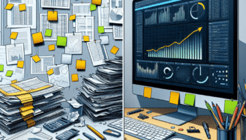 Un visuel évolutif morphing : un bureau sans écran, sans clavier, sans ordinateur, juste encombré de feuilles Excel imprimées, de post-its et de stabilos ; puis un écran montrant un tableau de bord clair et actualisé en temps réel, pas de stabilo ni crayon ni feuilles imprimées sur la partie droite