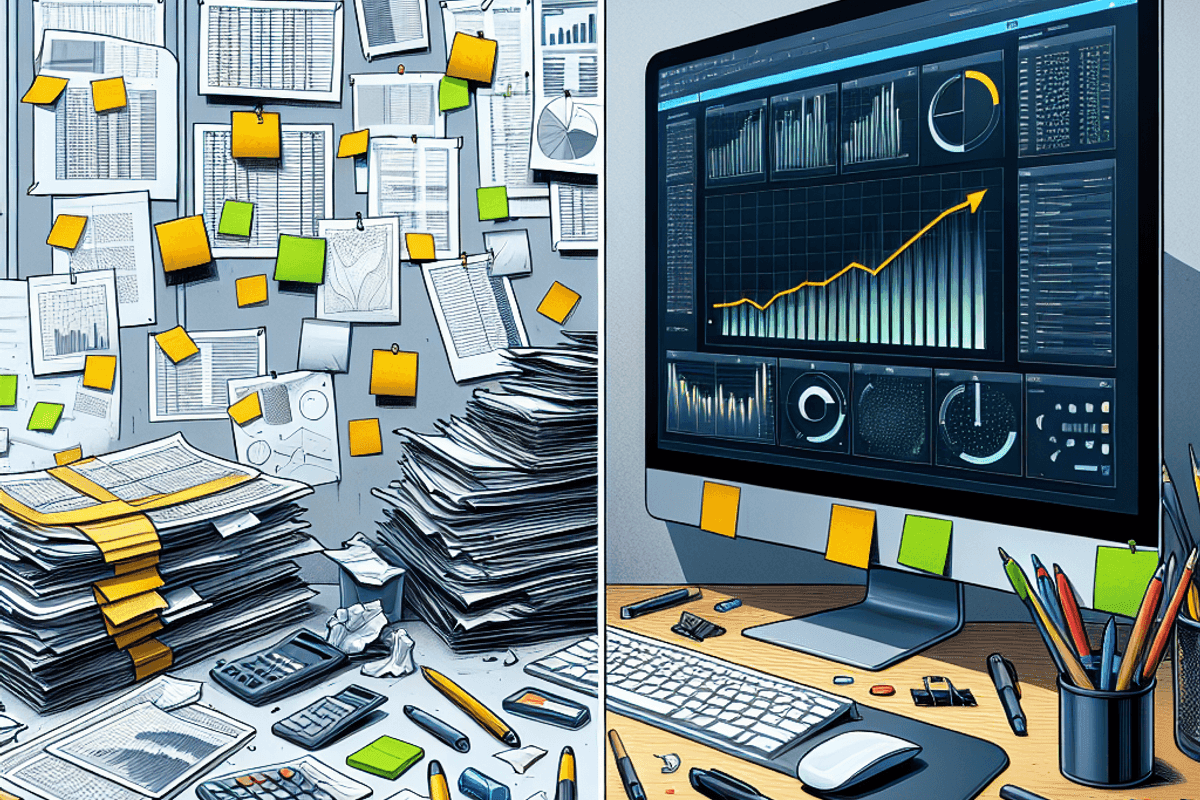 Un visuel évolutif morphing : un bureau sans écran, sans clavier, sans ordinateur, juste encombré de feuilles Excel imprimées, de post-its et de stabilos ; puis un écran montrant un tableau de bord clair et actualisé en temps réel, pas de stabilo ni crayon ni feuilles imprimées sur la partie droite