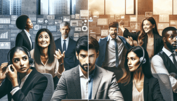 A split image: left side shows a modern office with new tools but stressed faces; right side shows a collaborative, empowered team with the same tools. Overlay: *Mindset makes the shift real.*
