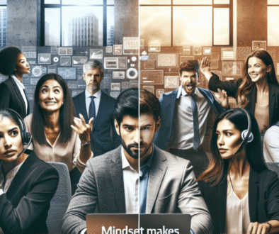 article-688f72823a2c4294dc1ef2a4-wordpress A split image: left side shows a modern office with new tools but stressed faces; right side shows a collaborative, empowered team with the same tools. Overlay: *Mindset makes the shift real.*