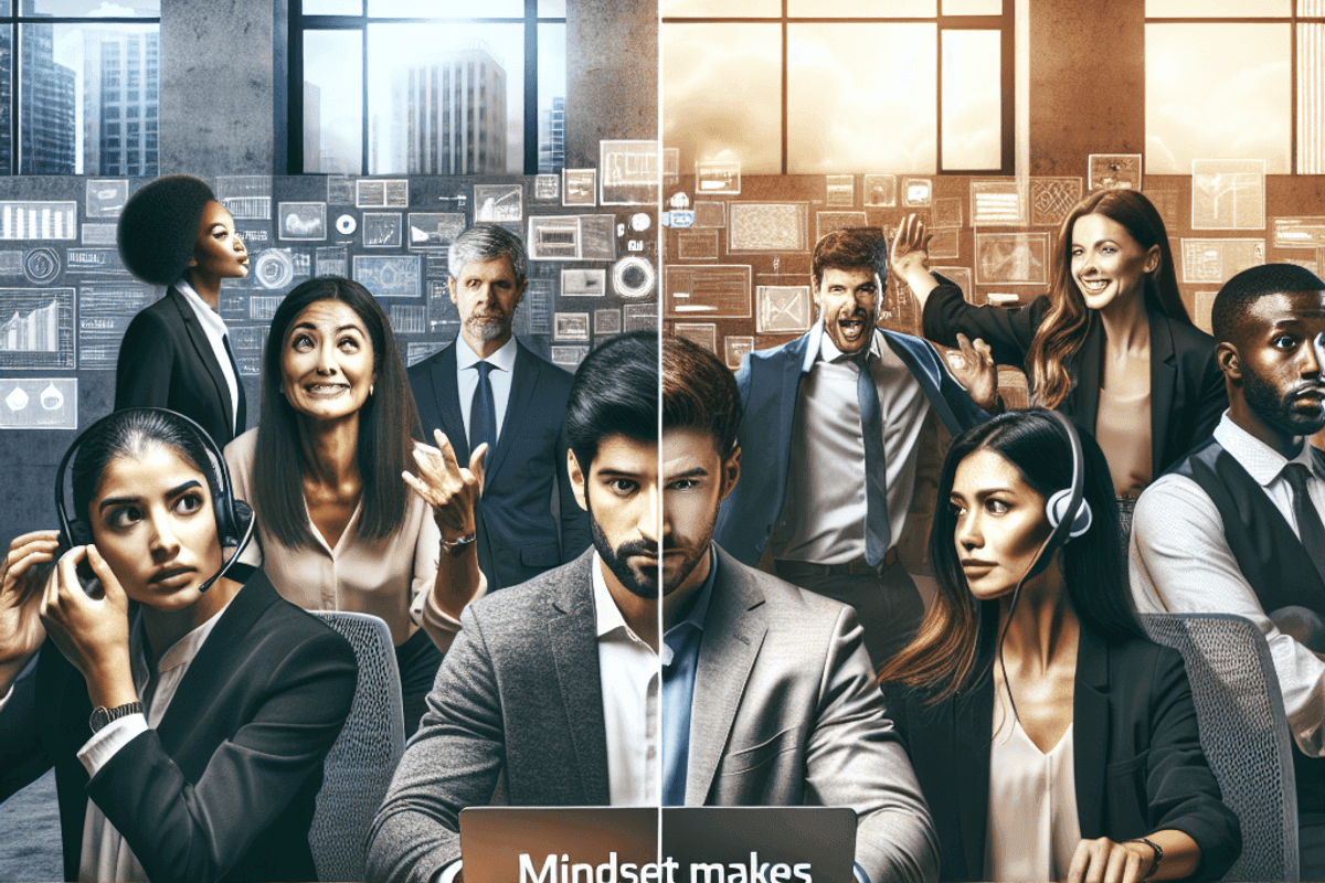 A split image: left side shows a modern office with new tools but stressed faces; right side shows a collaborative, empowered team with the same tools. Overlay: *Mindset makes the shift real.*