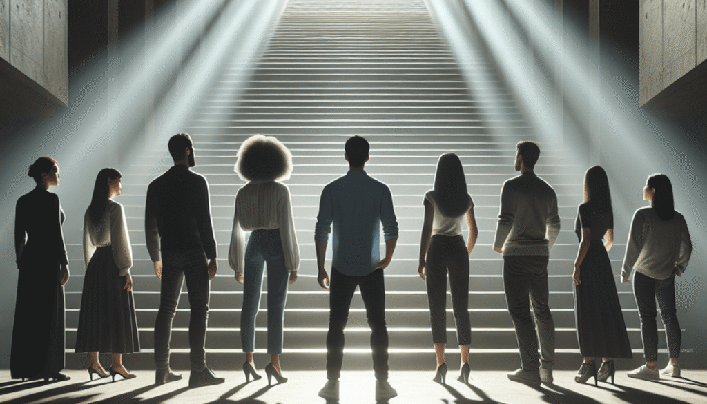 Photorealistic image of a group of 6 people standing at the bottom of stairs, looking at a large stair in front of them. low-angle shot taken from behind the group. there is light rays at the top of the stairs, the Botton is mostly dark. the emotion is that the group will reach from the darkness to the light. the group appear small in comparaison to the stair
