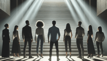 Photorealistic image of a group of 6 people standing at the bottom of stairs, looking at a large stair in front of them. low-angle shot taken from behind the group. there is light rays at the top of the stairs, the Botton is mostly dark. the emotion is that the group will reach from the darkness to the light. the group appear small in comparaison to the stair