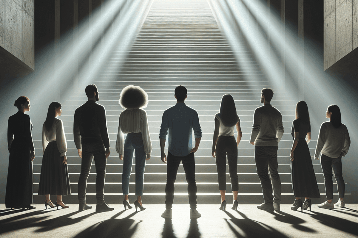 Photorealistic image of a group of 6 people standing at the bottom of stairs, looking at a large stair in front of them. low-angle shot taken from behind the group. there is light rays at the top of the stairs, the Botton is mostly dark. the emotion is that the group will reach from the darkness to the light. the group appear small in comparaison to the stair