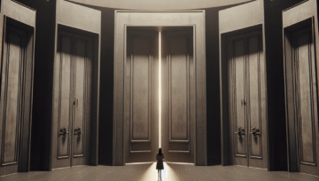 photo realistic image of a woman from the back standing in front of 5 closed doors. This is taking place in a round modern room. the lighting is dramatic and a dark and suspenseful. the scene is shot low-angle. we see the entire woman very small in front of huge doors.