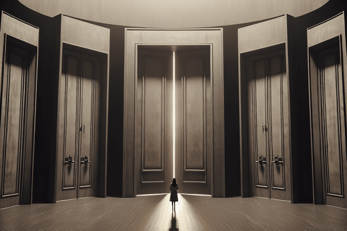 photo realistic image of a woman from the back standing in front of 5 closed doors. This is taking place in a round modern room. the lighting is dramatic and a dark and suspenseful. the scene is shot low-angle. we see the entire woman very small in front of huge doors.