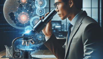 Photo realistic image of a business professional using a powerful compact microscope in their office that reveals complex data patterns, with the small device processing information locally without external connections, symbolizing how edge AI brings powerful capabilities to local business environments