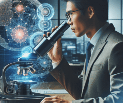 article-68aafb47adc349c808aa9957-wordpress Photo realistic image of a business professional using a powerful compact microscope in their office that reveals complex data patterns, with the small device processing information locally without external connections, symbolizing how edge AI brings powerful capabilities to local business environments