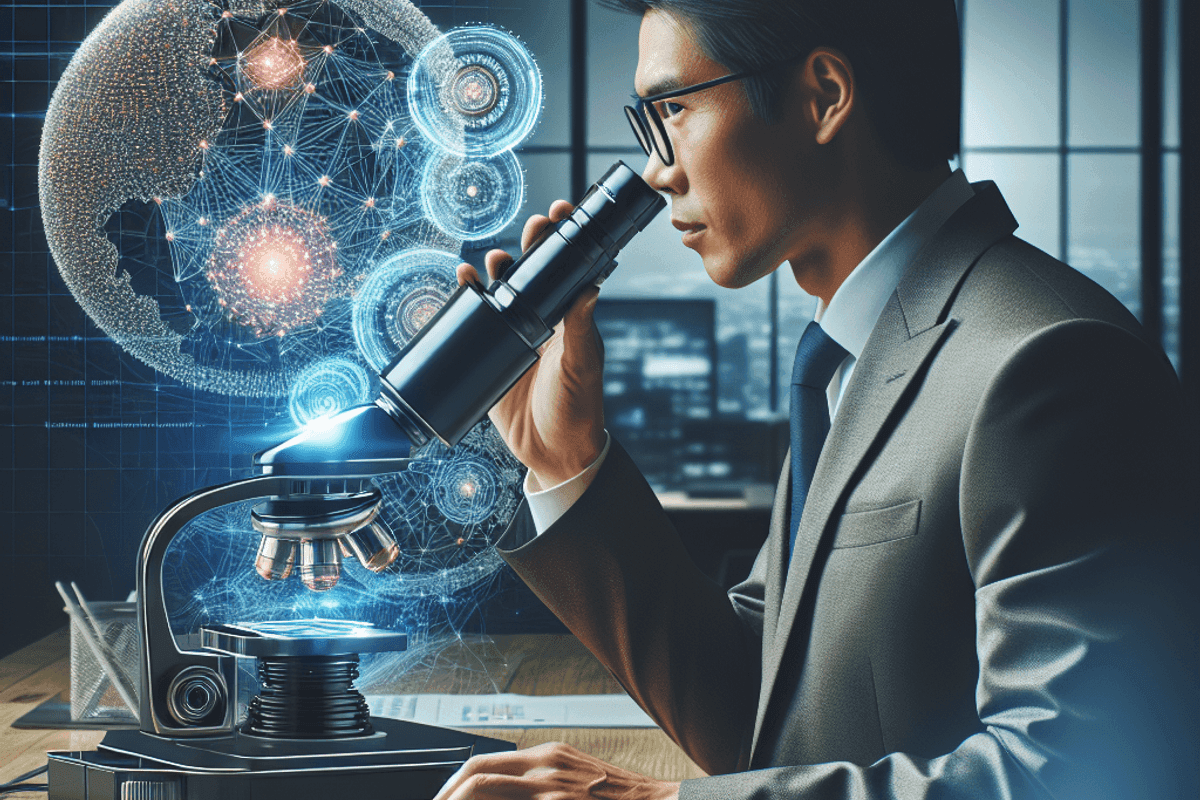 Photo realistic image of a business professional using a powerful compact microscope in their office that reveals complex data patterns, with the small device processing information locally without external connections, symbolizing how edge AI brings powerful capabilities to local business environments