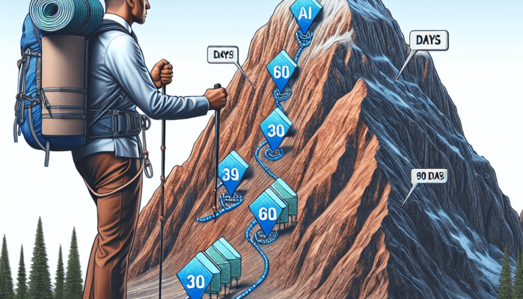 article-68aafb47adc349c808aa9955-wordpress Photo realistic image of a business manager climbing a mountain with clearly marked base camps at 30, 60, and 90 days, with AI tools as climbing equipment helping reach each milestone, symbolizing the structured approach to AI adoption success
