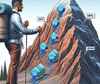 article-68aafb47adc349c808aa9955-wordpress Photo realistic image of a business manager climbing a mountain with clearly marked base camps at 30, 60, and 90 days, with AI tools as climbing equipment helping reach each milestone, symbolizing the structured approach to AI adoption success