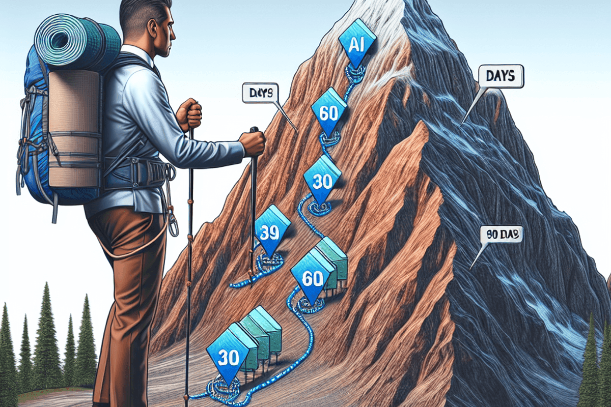Photo realistic image of a business manager climbing a mountain with clearly marked base camps at 30, 60, and 90 days, with AI tools as climbing equipment helping reach each milestone, symbolizing the structured approach to AI adoption success
