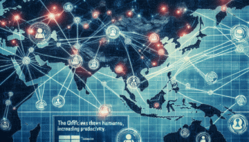 Carte de l'Asie-Pacifique avec des connexions numériques reliant les bureaux de Thinking Machines, des icônes représentant la collaboration humain-IA, et des graphiques de productivité ascendants, illustrant la transformation digitale régionale