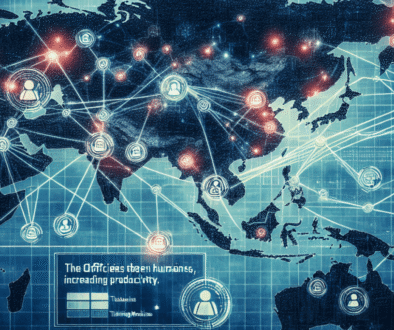 article-68cfc9b123b1e49127ebf030-wordpress Carte de l'Asie-Pacifique avec des connexions numériques reliant les bureaux de Thinking Machines, des icônes représentant la collaboration humain-IA, et des graphiques de productivité ascendants, illustrant la transformation digitale régionale