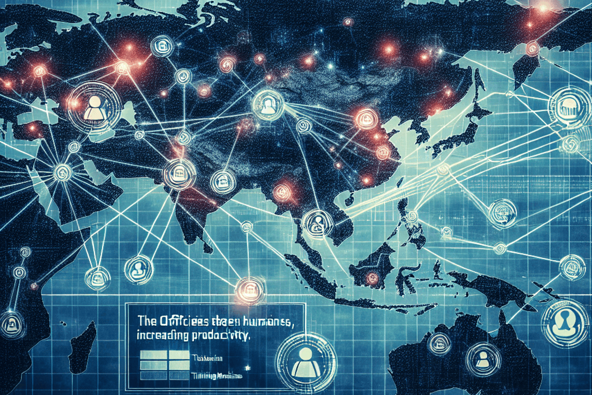 Carte de l'Asie-Pacifique avec des connexions numériques reliant les bureaux de Thinking Machines, des icônes représentant la collaboration humain-IA, et des graphiques de productivité ascendants, illustrant la transformation digitale régionale