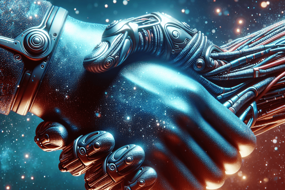 Ultra-high-resolution photograph of a handshake closeup in the style of futuristic fantasy, DSLR shot with true-to-life colors, photorealistic style.