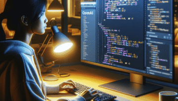 Ultra‑high‑resolution DSLR shot of someone coding or writing content, screen showing OpenAI API docs, various model names visible, modern workspace, photorealistic style