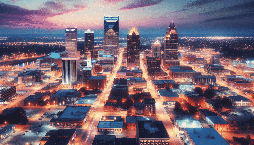 article-68edee2fc09568d879cc7e45-wordpress photo hyper-réaliste en couleur de haute qualité avec détails photographiques du centre ville de Memphis la nuit, éclairé. Cadrage vue du ciel, grand angle, rendu hdr. photo monétique haute résolution dxlr.