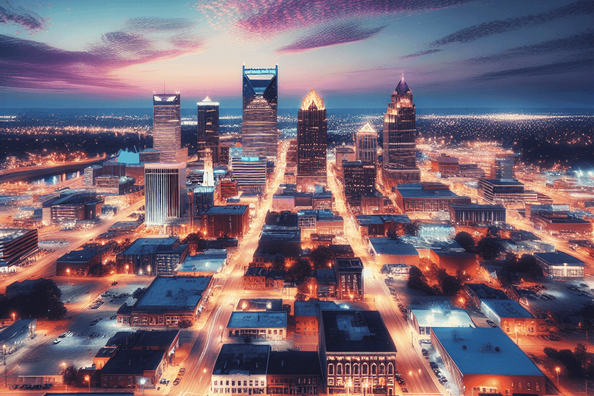article-68edee2fc09568d879cc7e45-wordpress photo hyper-réaliste en couleur de haute qualité avec détails photographiques du centre ville de Memphis la nuit, éclairé. Cadrage vue du ciel, grand angle, rendu hdr. photo monétique haute résolution dxlr.