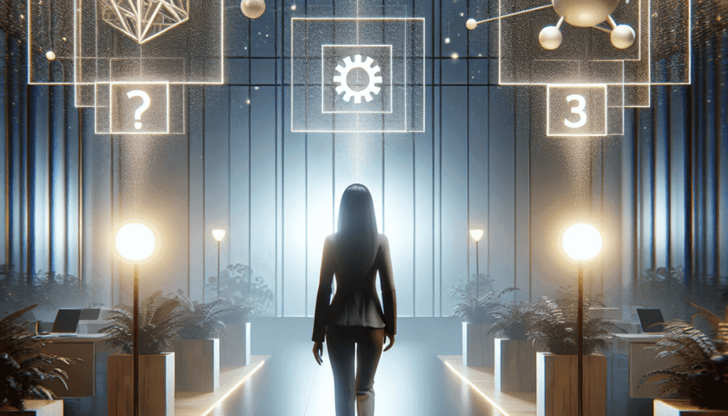 image haute qualité hyper réaliste dslr 4k haut niveau de déatail avec profondeur de champ une femme de face prise par un dilemma de choix entre des solutions représentées par des icons flottants devant elle: 1. une solution compliquée et lourde 2. un solution incomplète 3. cet icon est au centre, une solution RAG as a service parfaite Ambience lumineuse, et mystérieuse, dans un bureau moderne avec des plantes