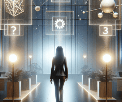 image haute qualité hyper réaliste dslr 4k haut niveau de déatail avec profondeur de champ une femme de face prise par un dilemma de choix entre des solutions représentées par des icons flottants devant elle: 1. une solution compliquée et lourde 2. un solution incomplète 3. cet icon est au centre, une solution RAG as a service parfaite Ambience lumineuse, et mystérieuse, dans un bureau moderne avec des plantes