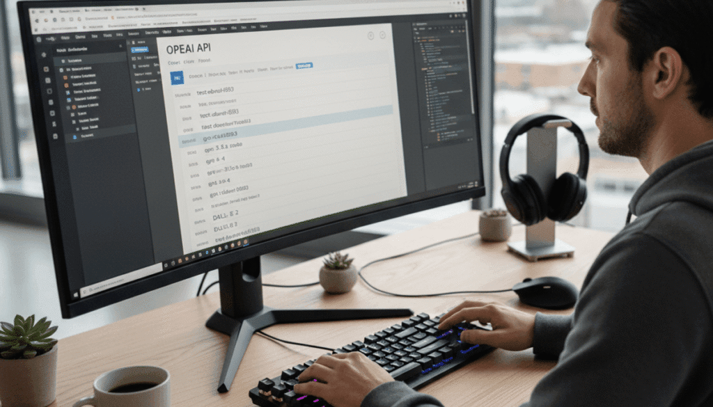 Ultra‑high‑resolution DSLR shot of someone coding or writing content, screen showing OpenAI API docs, various model names visible, modern workspace, photorealistic style