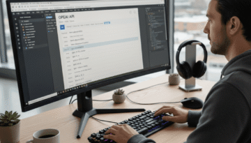 Ultra‑high‑resolution DSLR shot of someone coding or writing content, screen showing OpenAI API docs, various model names visible, modern workspace, photorealistic style