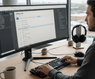 Ultra‑high‑resolution DSLR shot of someone coding or writing content, screen showing OpenAI API docs, various model names visible, modern workspace, photorealistic style