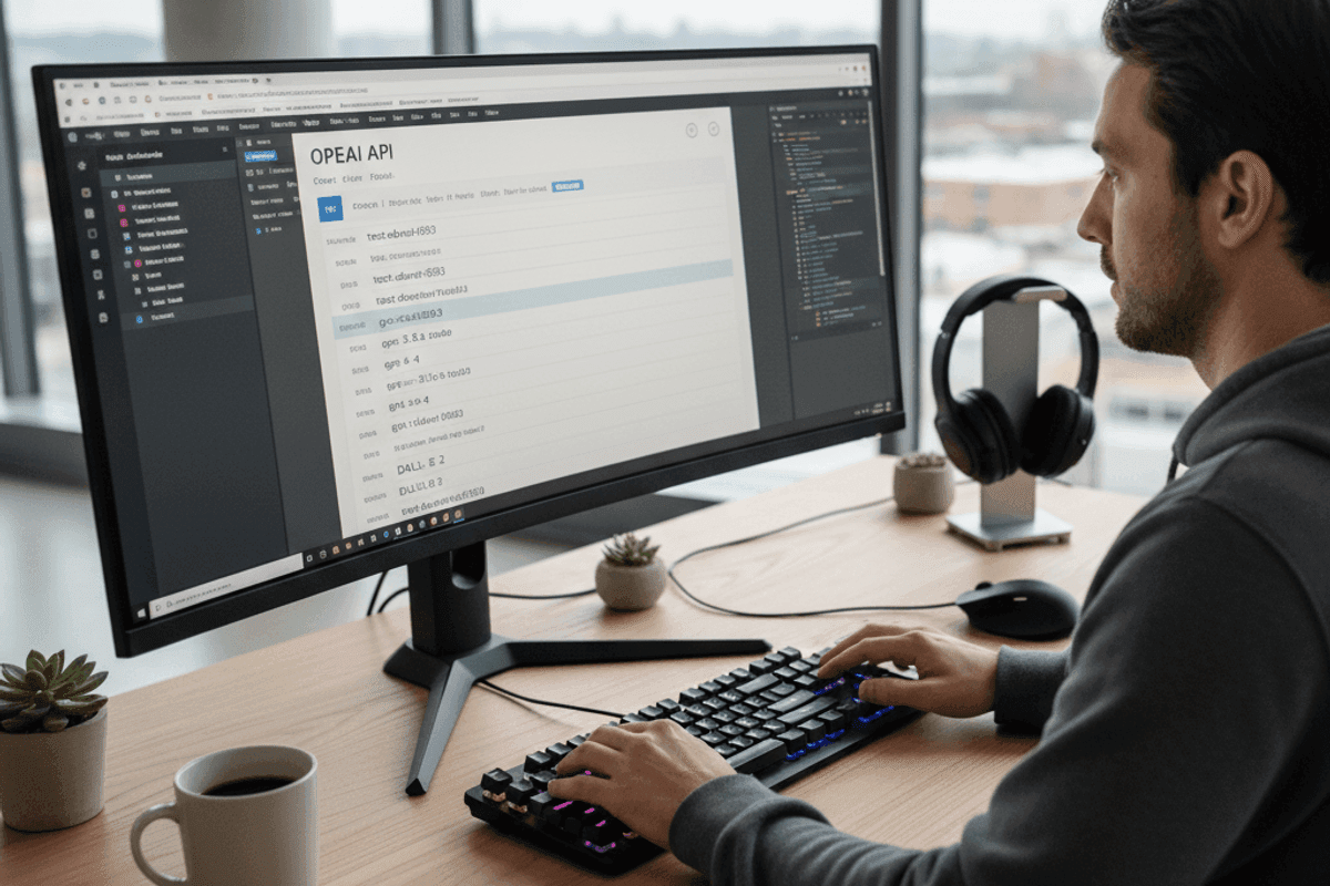 Ultra‑high‑resolution DSLR shot of someone coding or writing content, screen showing OpenAI API docs, various model names visible, modern workspace, photorealistic style