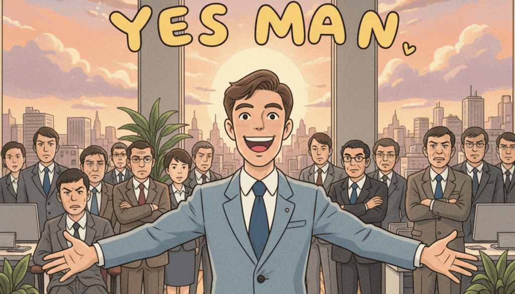 have a color old cartoon manga image Japanese Miyazaki style of an happy "yes man" in front of a group of frustrated people. the scene take place in a modern office with large windows. the "happy man" has to be good looking not too exagerated.