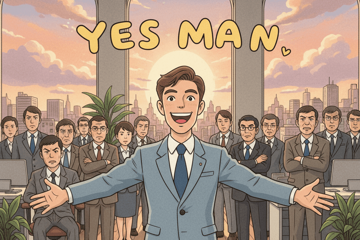have a color old cartoon manga image Japanese Miyazaki style of an happy "yes man" in front of a group of frustrated people. the scene take place in a modern office with large windows. the "happy man" has to be good looking not too exagerated.