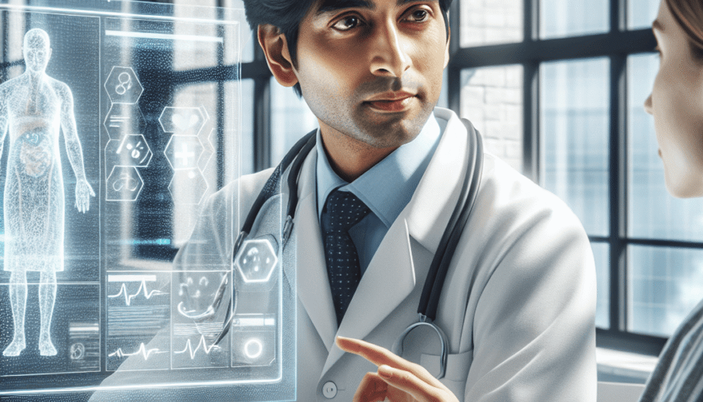 Image hyper réaliste dslr haut niveau de détail. un médecin humain en blouse blanche discutant avec une patiente dans un bureau d'hopital très lumineux avec de grandes fenêtres qui font resortir les yeux digitaux du docteur. des informations médicales flottent sur un écran transparent entre eux