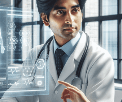 Image hyper réaliste dslr haut niveau de détail. un médecin humain en blouse blanche discutant avec une patiente dans un bureau d'hopital très lumineux avec de grandes fenêtres qui font resortir les yeux digitaux du docteur. des informations médicales flottent sur un écran transparent entre eux