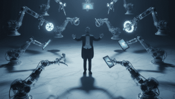 Vue en contre plongée dramatique cinématographique d'un chef d'orchestre debout sur une scène minimaliste en marbre blanc, dirigeant un ensemble de bras robotiques translucides suspendus dans l'air autour de lui. Chaque bras tient un outil à chaque fois différent — tablette, stylo, engrenage lumineux. L'éclairage est froid, bleuté, légèrement dramatique. Le chef contrôle clairement l'ensemble : certains bras sont actifs (lumineux), d'autres en pause (éteints), attendant son signal. Ambiance professionnelle, technologique, sobre — sans effets science-fiction excessifs. Rendu photoréaliste haute résolution. il n'y a pas de cables aérien reliant s les robots