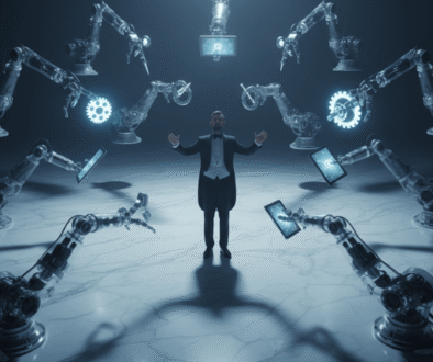 Vue en contre plongée dramatique cinématographique d'un chef d'orchestre debout sur une scène minimaliste en marbre blanc, dirigeant un ensemble de bras robotiques translucides suspendus dans l'air autour de lui. Chaque bras tient un outil à chaque fois différent — tablette, stylo, engrenage lumineux. L'éclairage est froid, bleuté, légèrement dramatique. Le chef contrôle clairement l'ensemble : certains bras sont actifs (lumineux), d'autres en pause (éteints), attendant son signal. Ambiance professionnelle, technologique, sobre — sans effets science-fiction excessifs. Rendu photoréaliste haute résolution. il n'y a pas de cables aérien reliant s les robots