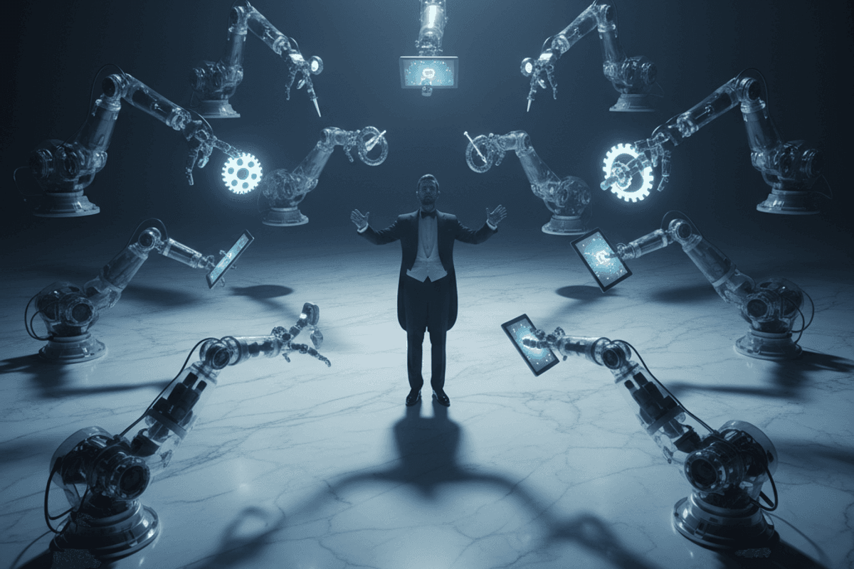 Vue en contre plongée dramatique cinématographique d'un chef d'orchestre debout sur une scène minimaliste en marbre blanc, dirigeant un ensemble de bras robotiques translucides suspendus dans l'air autour de lui. Chaque bras tient un outil à chaque fois différent — tablette, stylo, engrenage lumineux. L'éclairage est froid, bleuté, légèrement dramatique. Le chef contrôle clairement l'ensemble : certains bras sont actifs (lumineux), d'autres en pause (éteints), attendant son signal. Ambiance professionnelle, technologique, sobre — sans effets science-fiction excessifs. Rendu photoréaliste haute résolution. il n'y a pas de cables aérien reliant s les robots