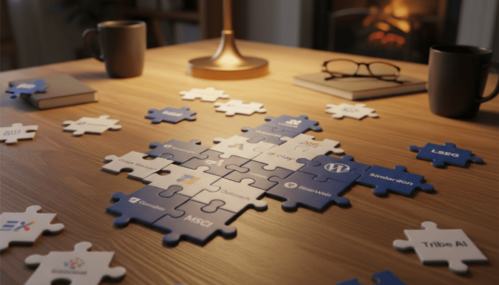 a hight Definition Hyper Realistic Photo, DSLR hit details, the puzzle being built, each piece of the puzzle represents one of the modules: Google Workspace (Google calendar, Google Drive, Gmail), DocuSign, Apollo, Clay, Outreach, SimilarWeb, MSCI, LegalZoom, FactSet, WordPress et Harvey. Des entreprises comme Slack by Salesforce, LSEG, S&P Global, Apollo, Common Room et Tribe AI. The pieces of the puzzle are identified with the logo of these companies and their name, text, readable. The puzzle is in construction and some pieces are not yet assembled, but we see them on the table. The general ambience is cosy, the puzzle is on a wooden table with warm lighting