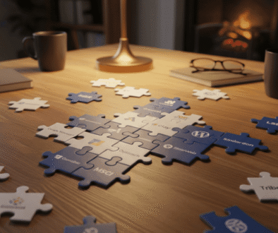 a hight Definition Hyper Realistic Photo, DSLR hit details, the puzzle being built, each piece of the puzzle represents one of the modules: Google Workspace (Google calendar, Google Drive, Gmail), DocuSign, Apollo, Clay, Outreach, SimilarWeb, MSCI, LegalZoom, FactSet, WordPress et Harvey. Des entreprises comme Slack by Salesforce, LSEG, S&P Global, Apollo, Common Room et Tribe AI. The pieces of the puzzle are identified with the logo of these companies and their name, text, readable. The puzzle is in construction and some pieces are not yet assembled, but we see them on the table. The general ambience is cosy, the puzzle is on a wooden table with warm lighting