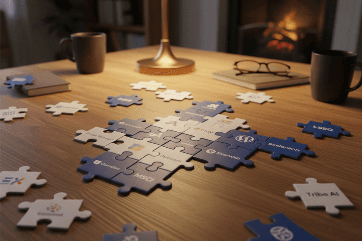 a hight Definition Hyper Realistic Photo, DSLR hit details, the puzzle being built, each piece of the puzzle represents one of the modules: Google Workspace (Google calendar, Google Drive, Gmail), DocuSign, Apollo, Clay, Outreach, SimilarWeb, MSCI, LegalZoom, FactSet, WordPress et Harvey. Des entreprises comme Slack by Salesforce, LSEG, S&P Global, Apollo, Common Room et Tribe AI. The pieces of the puzzle are identified with the logo of these companies and their name, text, readable. The puzzle is in construction and some pieces are not yet assembled, but we see them on the table. The general ambience is cosy, the puzzle is on a wooden table with warm lighting